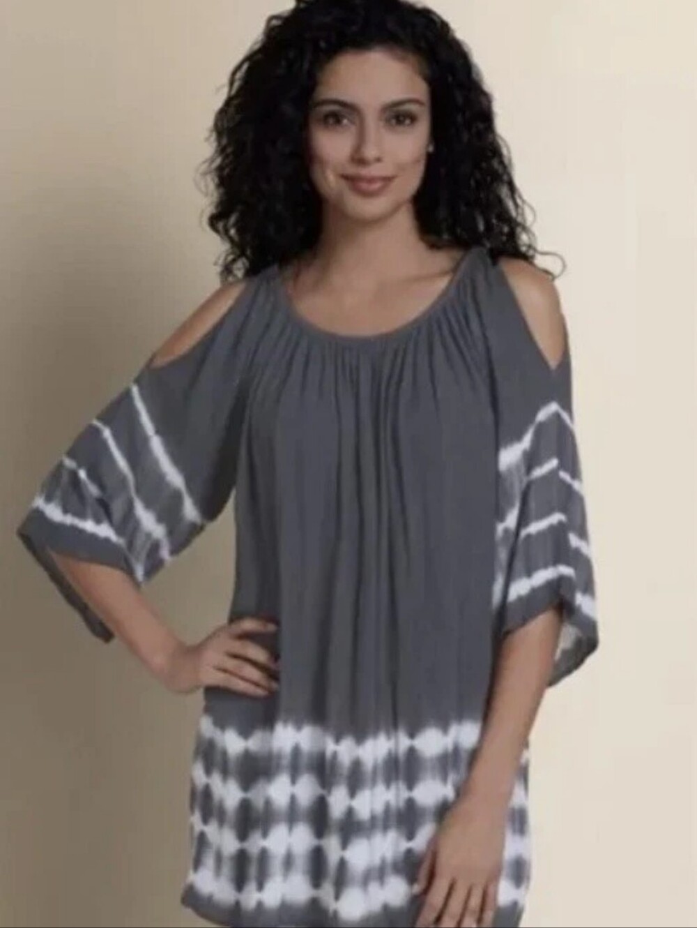 soft surroundings tie dye cold shoulder tunic dress rayon boho festival sz Xl